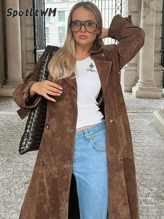 Women Khaki Faux Leather Long Coat With Belt Fashion Double-breasted Lapel Oversize Overcoat Autumn Female High Street Outwear